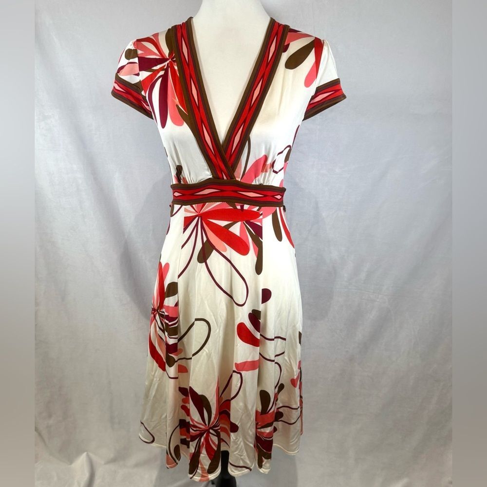 BCBGMaxazria beautiful white pink and brown floral print faux wrap dress small